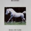 White horse trotting on grass under 'Hall of Fame' registry.