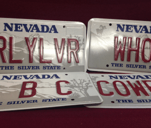 Assorted Nevada license plates on display